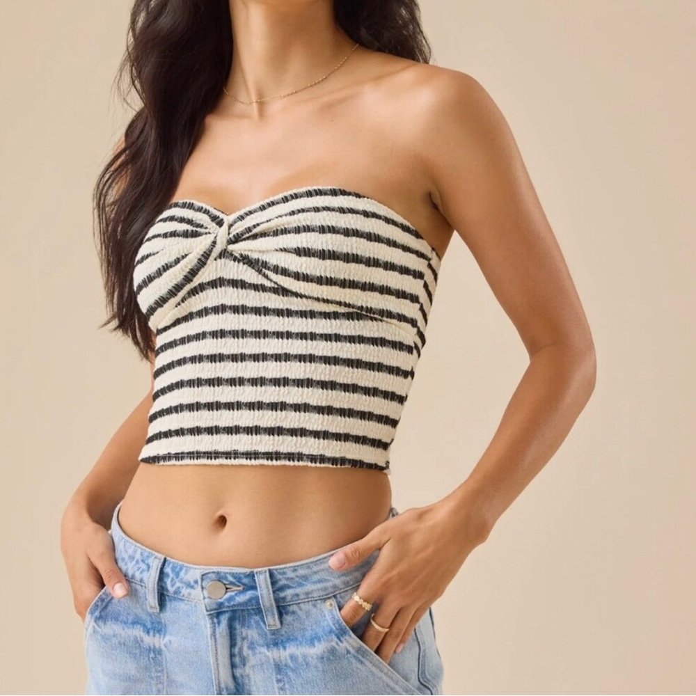 Striped Strapless Twist-Front Crop Top - Black & Cream